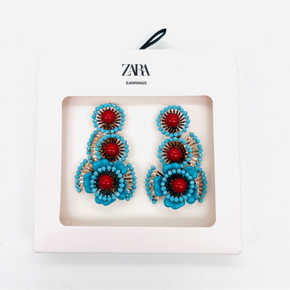 ZARA Turquoise Red Bead Appliqué Drop Earrings NWT
